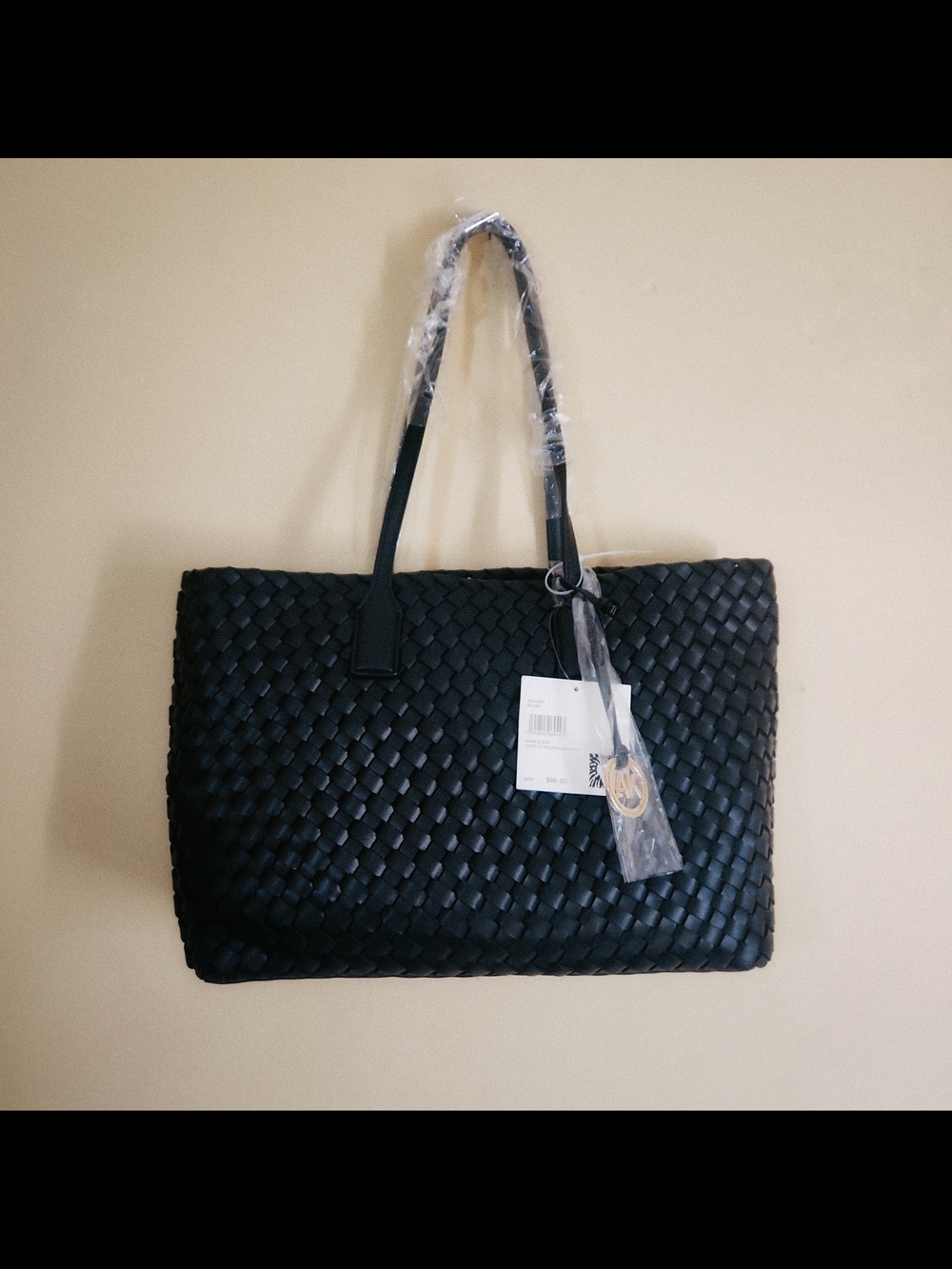 Anne Klein Black Woven Tote with Branded Charm And Organizer Pouch